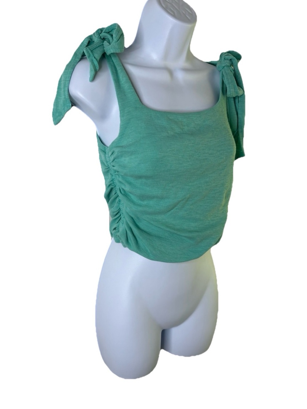 Free People Boulevard Tank Top Aqua Ruched Tie Shoulder Strap Crop Small